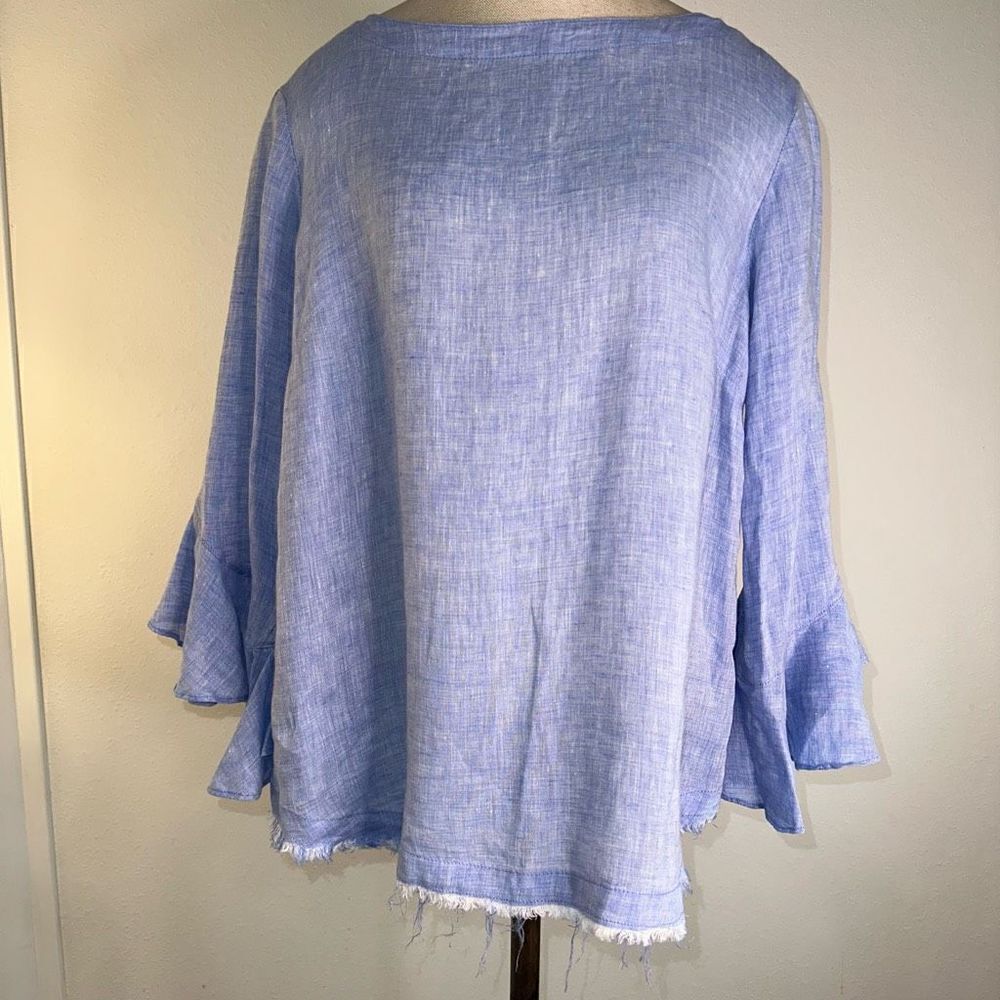 Finley Womens Linen‎ Blue Button Back Blouse Bell Sleeves Modern Minimalist